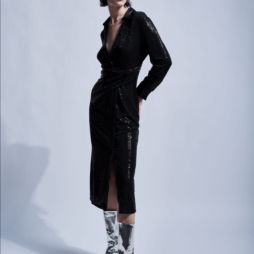 ZARA Black Sparkly Shirt Long Sleeve Dress - Picture 3 of 7